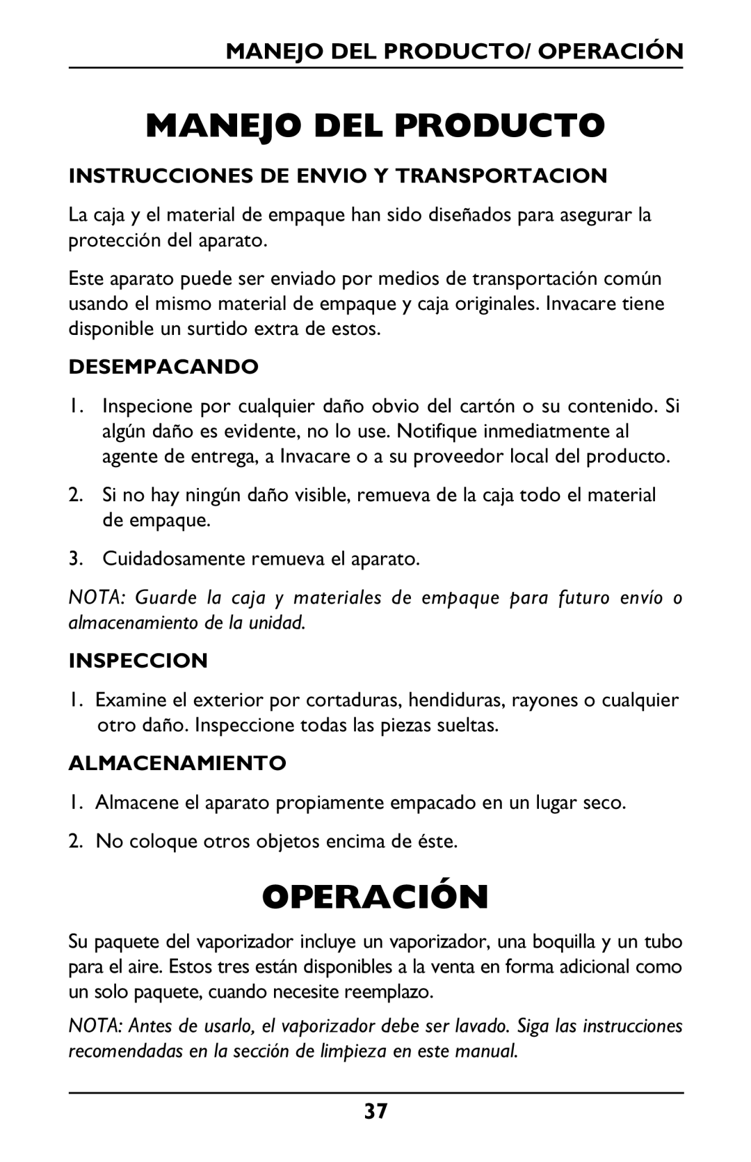 Invacare Envoy owner manual Manejo DEL Producto, Manejo DEL PRODUCTO/ Operación 