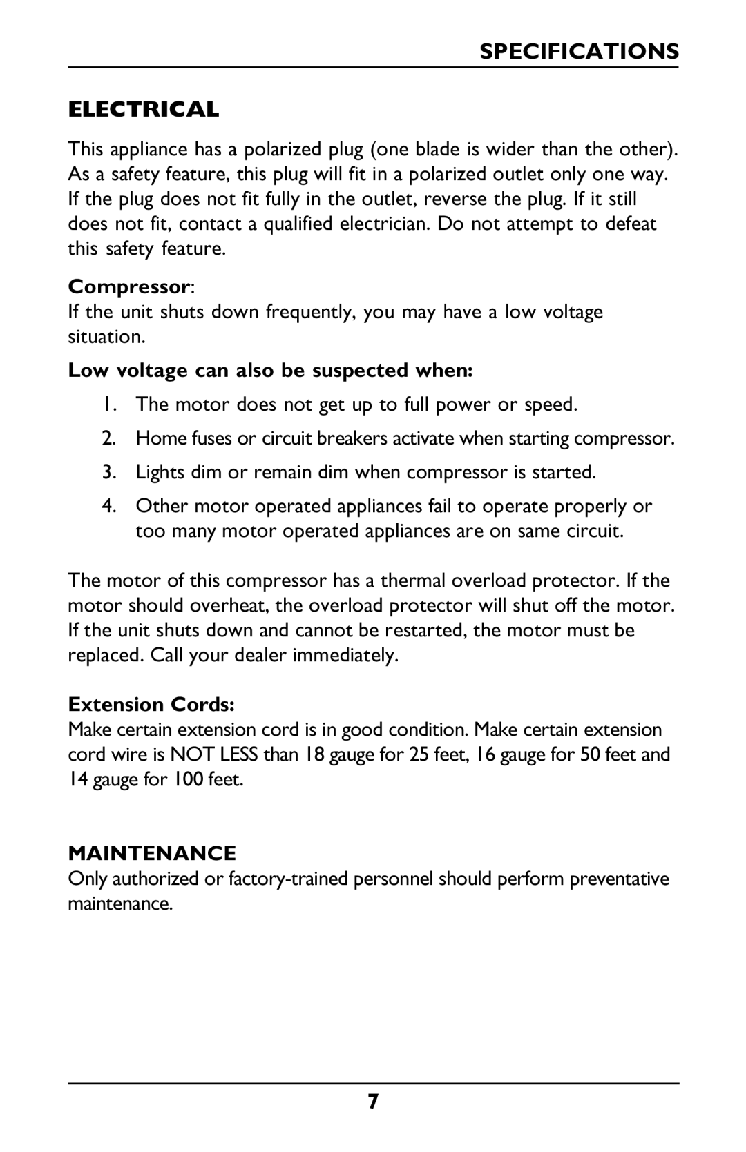 Invacare Envoy Specifications Electrical, Compressor, Low voltage can also be suspected when, Extension Cords, Maintenance 