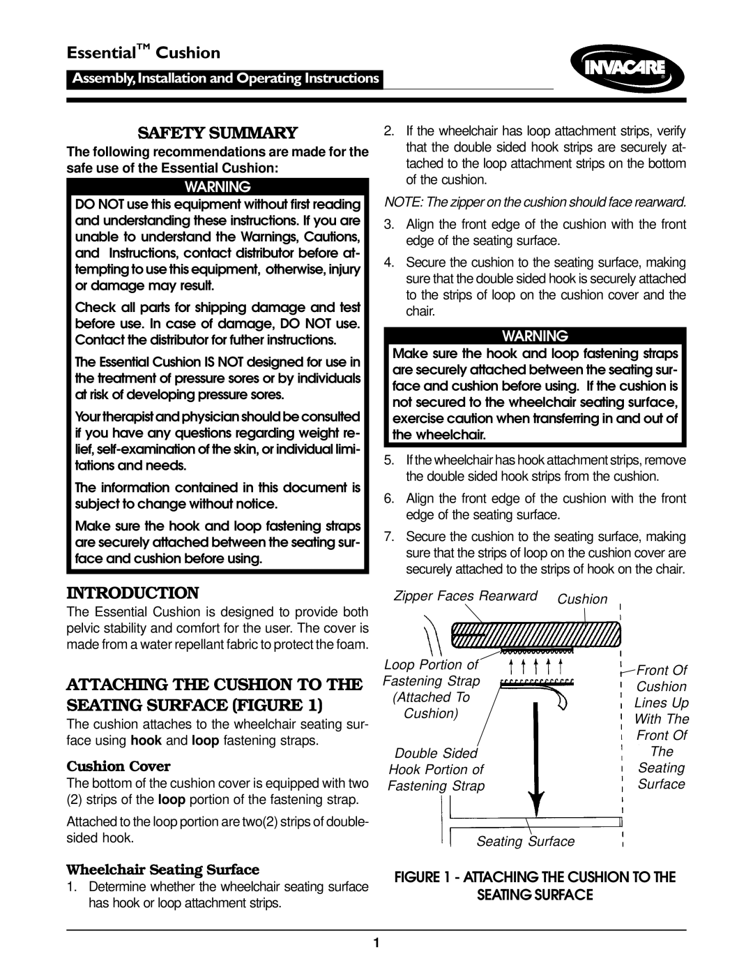 Invacare Essential Cushion operating instructions Safety Summary, Introduction, Cushion Cover, Wheelchair Seating Surface 