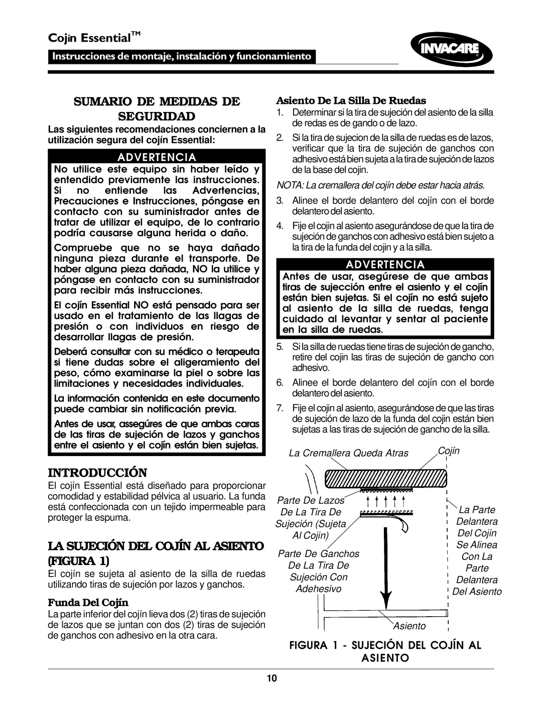 Invacare Essential Cushion Sumario DE Medidas DE Seguridad, Introducción, LA Sujeción DEL Cojín AL Asiento Figura 