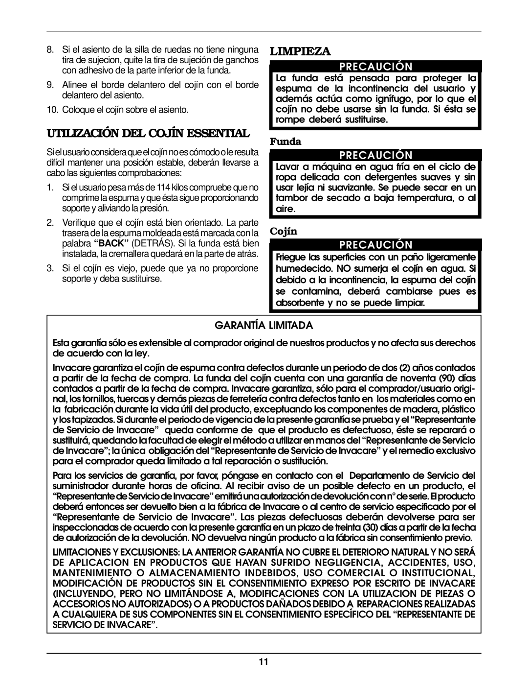 Invacare Essential Cushion operating instructions Limpieza, Utilización DEL Cojín Essential, Precaución, Funda 