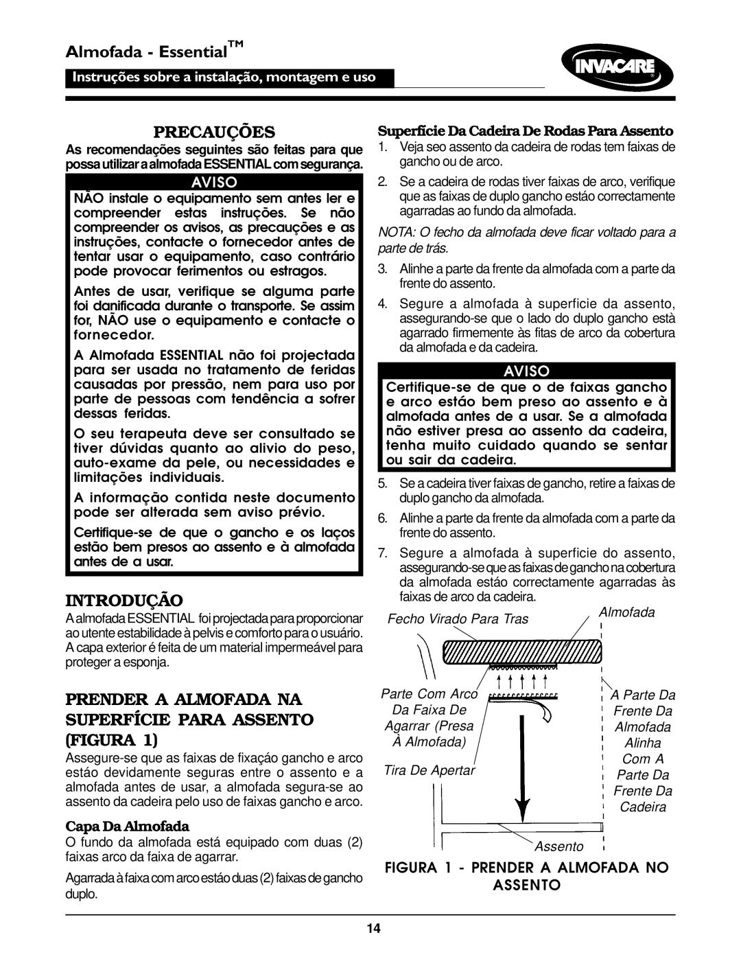 Invacare Essential Cushion Precauções, Introdução, Prender a Almofada NA Superfície Para Assento Figura, Capa Da Almofada 