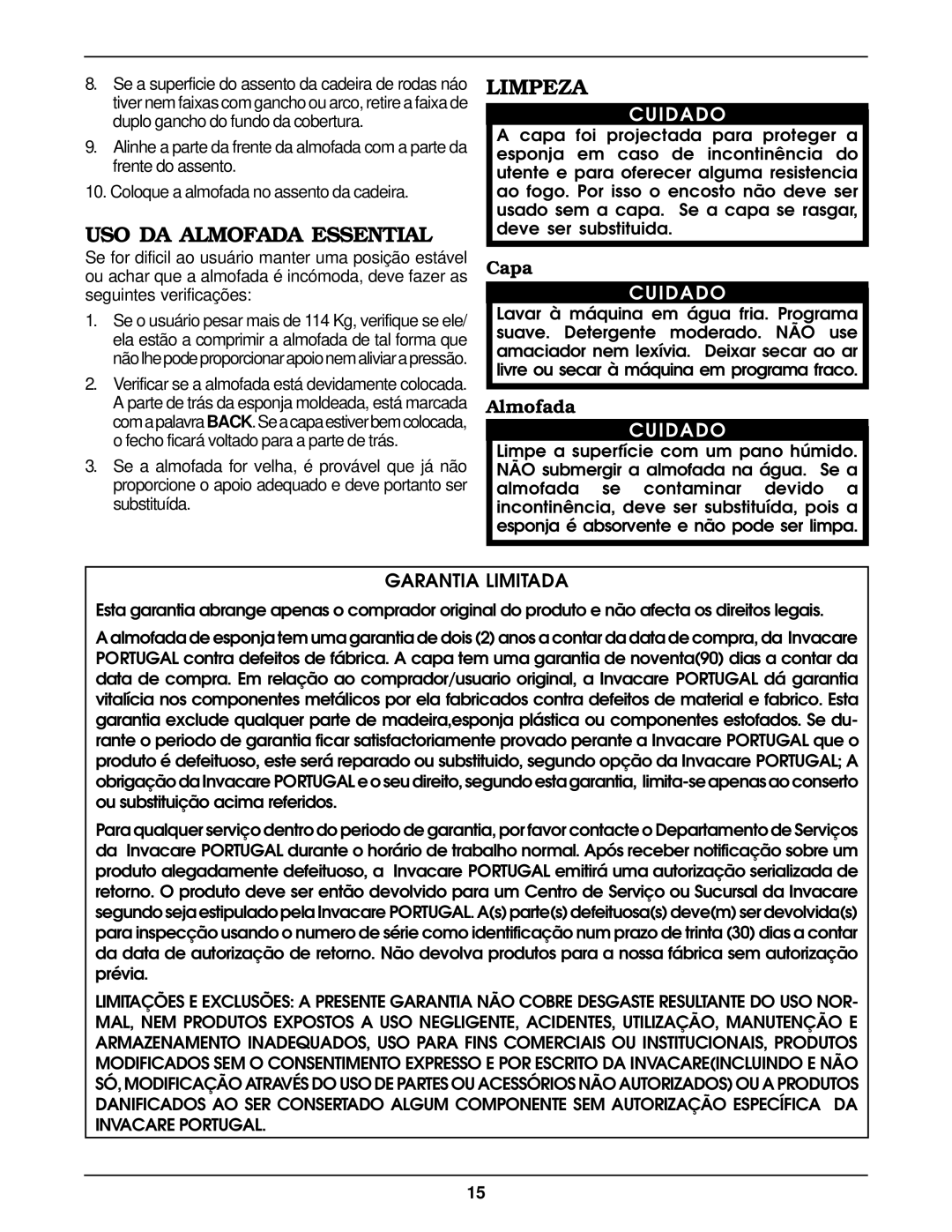 Invacare Essential Cushion operating instructions USO DA Almofada Essential, Limpeza, Cuidado, Capa 