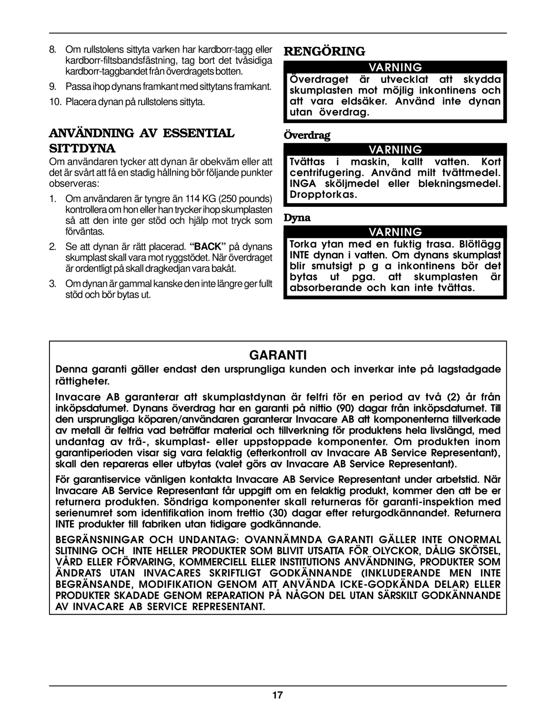 Invacare Essential Cushion operating instructions Rengöring, Användning AV Essential, Sittdyna, Överdrag 