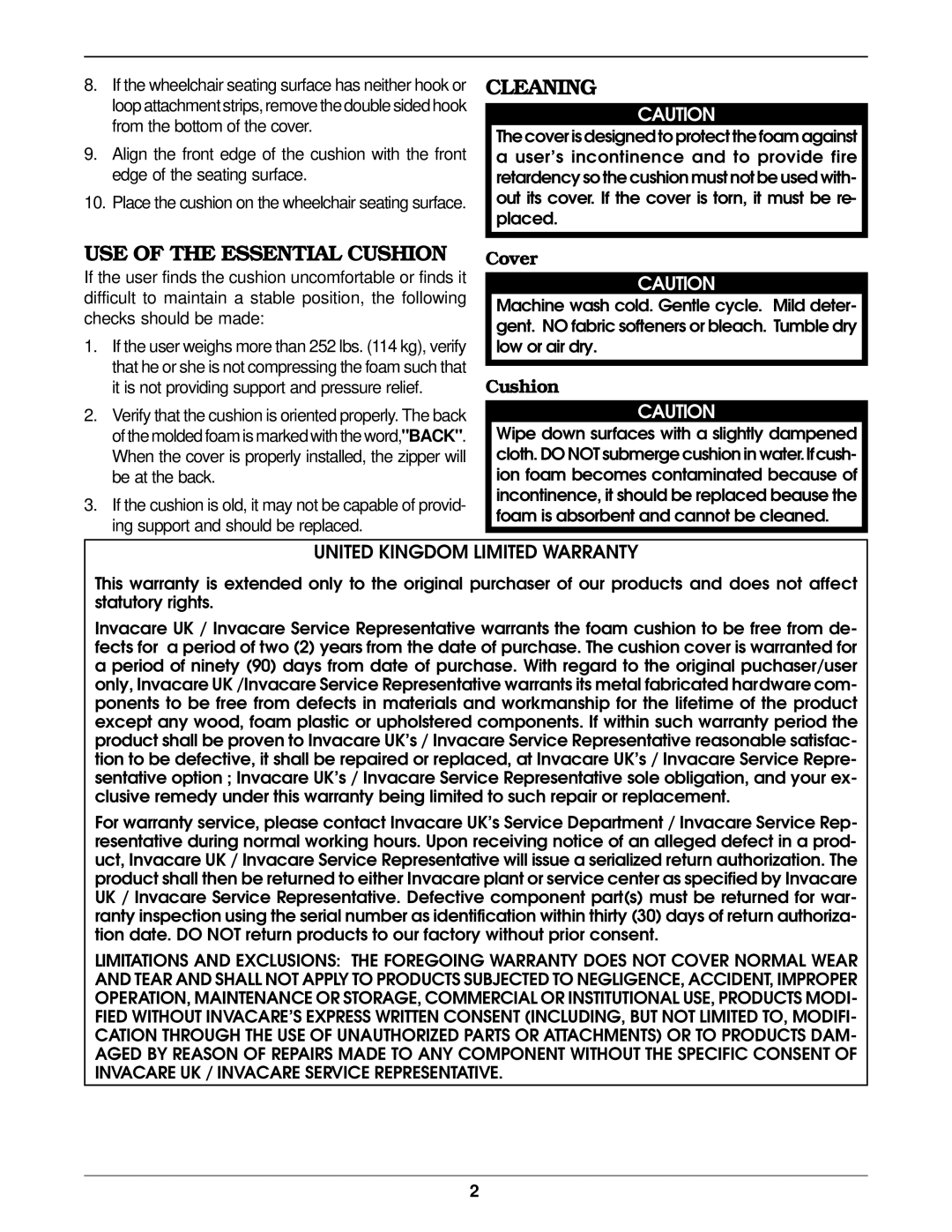 Invacare operating instructions Cleaning, USE of the Essential Cushion, Cover, United Kingdom Limited Warranty 