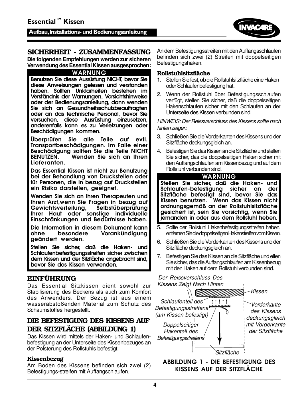 Invacare Essential Cushion operating instructions Sicherheit Zusammenfassung, Einführung, Kissenbezug, Rollstuhlsitzfläche 