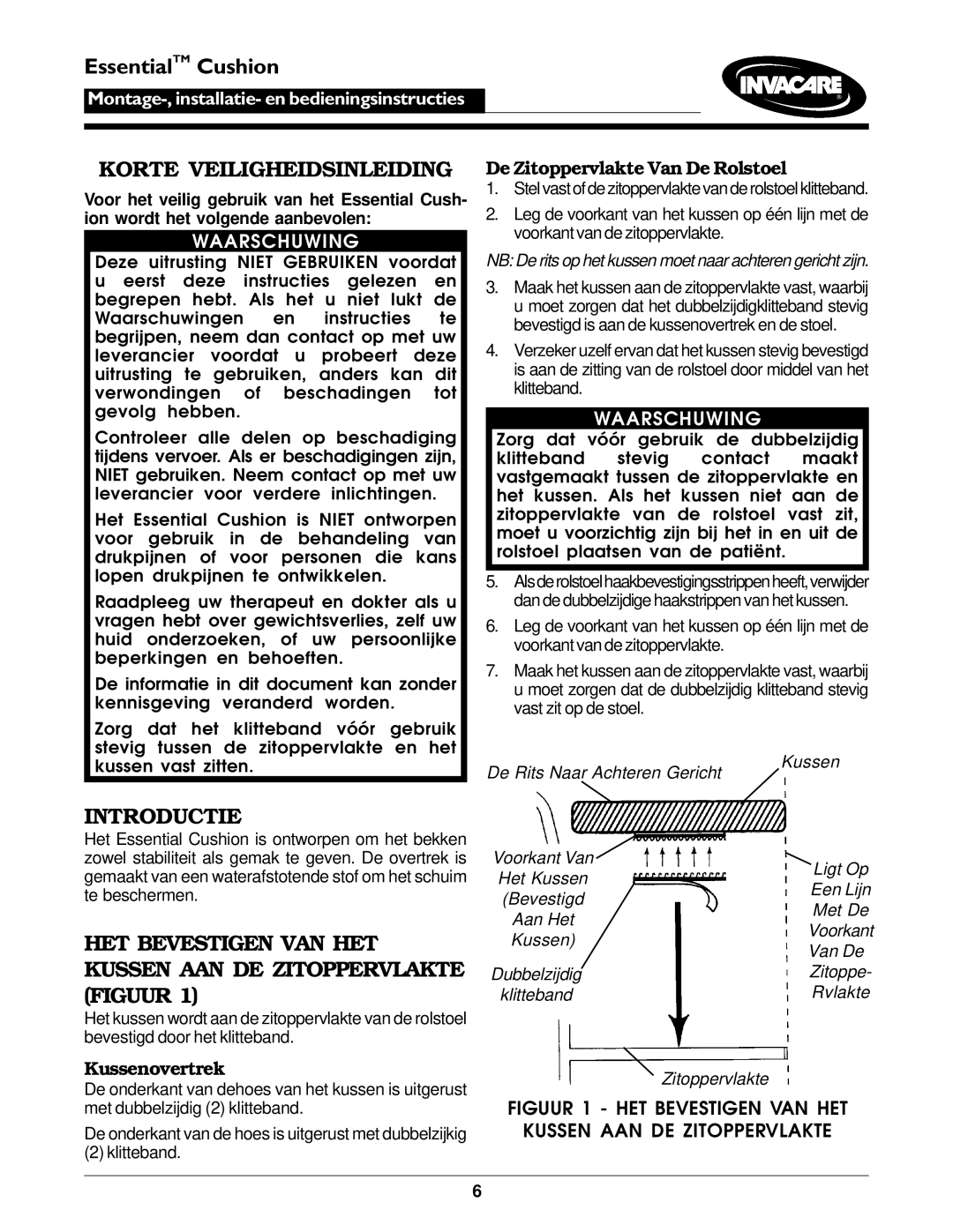 Invacare Essential Cushion Korte Veiligheidsinleiding, Introductie, De Zitoppervlakte Van De Rolstoel, Kussenovertrek 