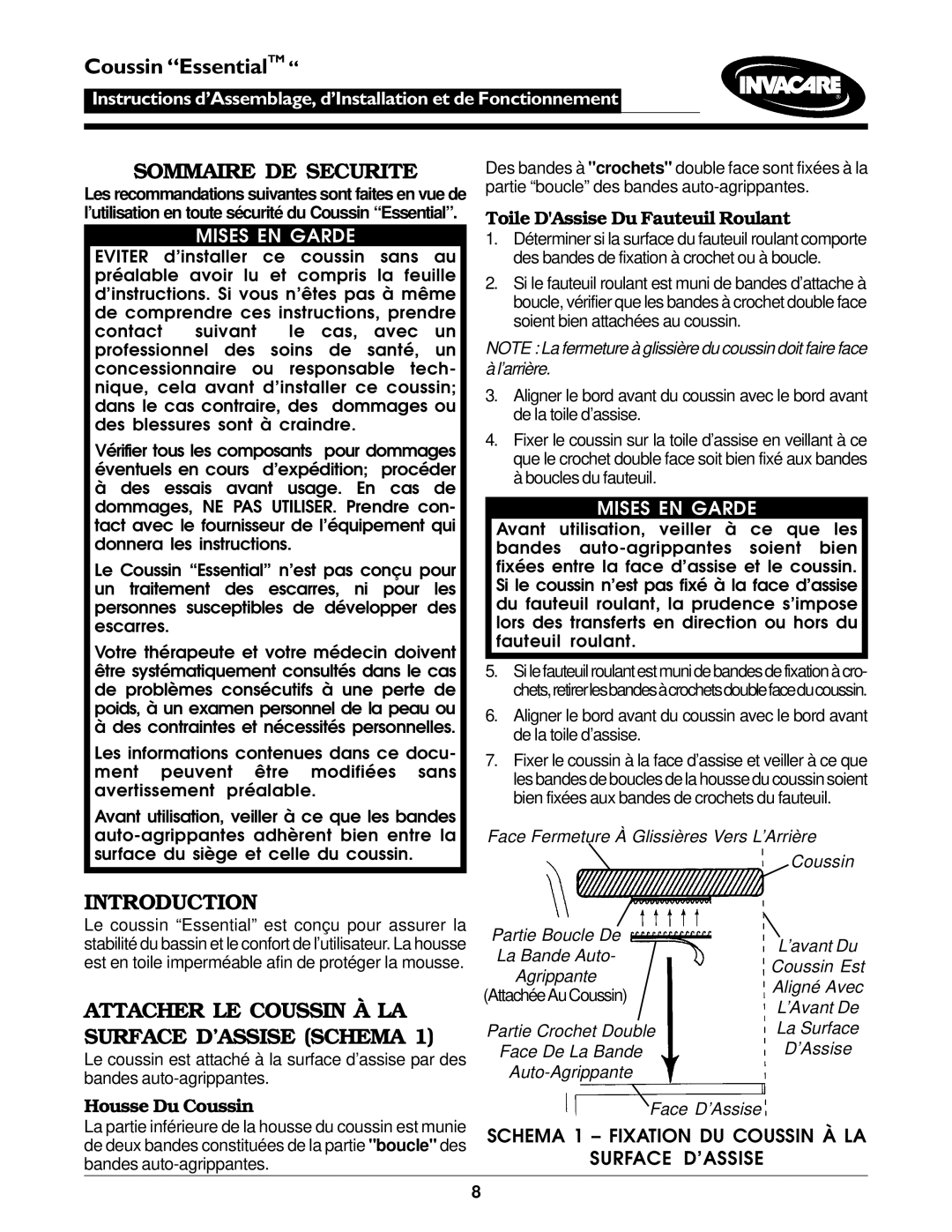 Invacare Essential Cushion Sommaire DE Securite, Attacher LE Coussin À LA Surface D’ASSISE Schema, Mises EN Garde 