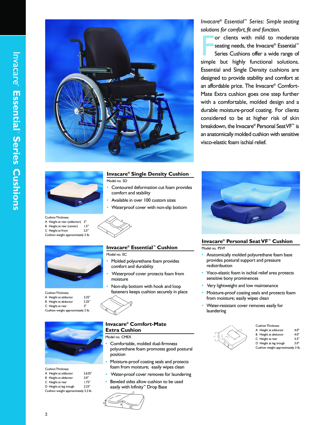 Invacare manual Invacare Essential Series Cushions, Invacare Single Density Cushion, Invacare Essential Cushion 