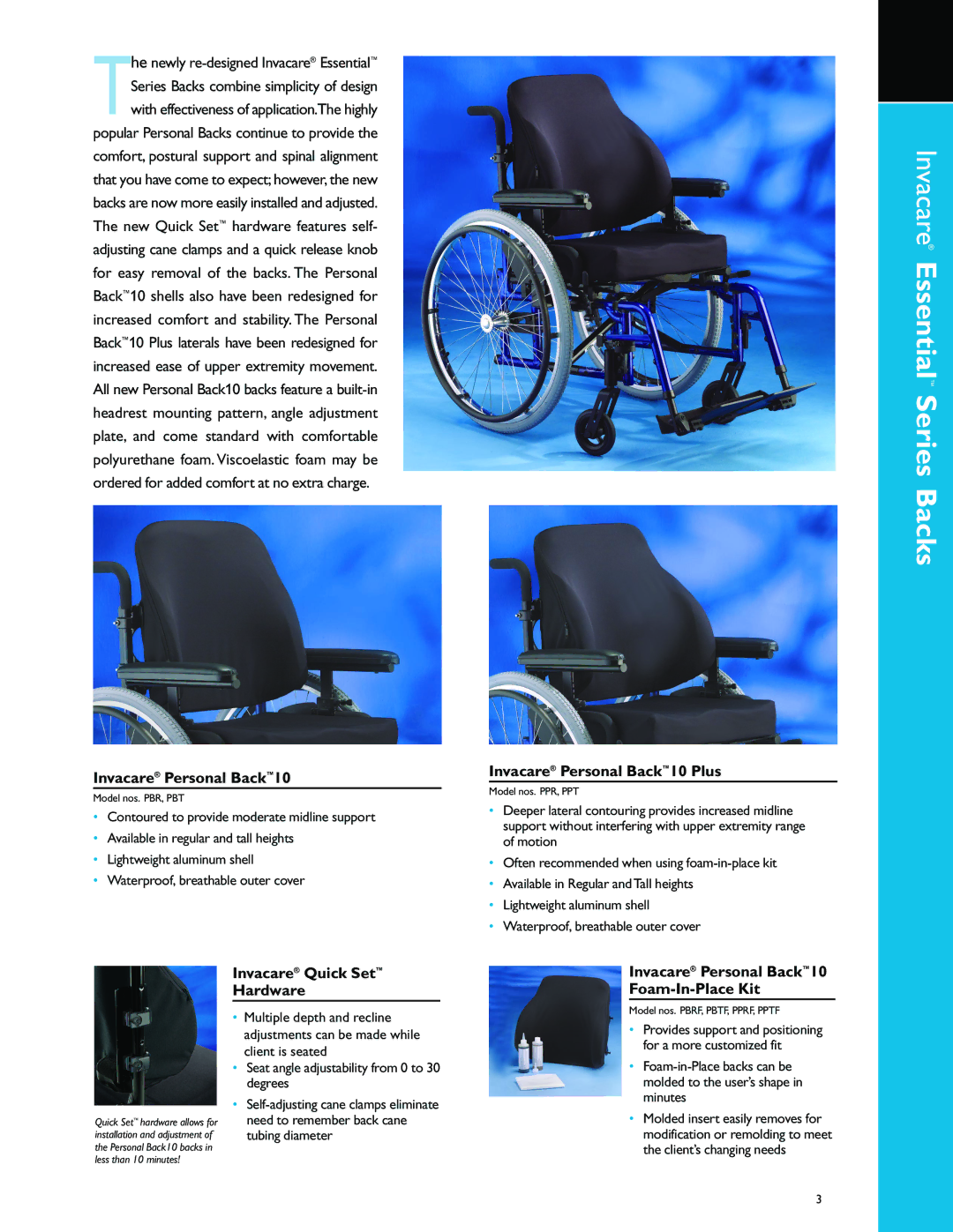 Invacare manual Invacare Essential Series Backs, Invacare Personal Back10 Plus, Invacare Quick Set Hardware 