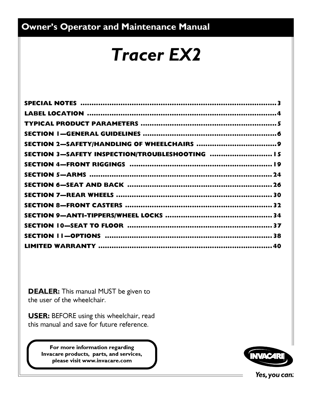 Invacare warranty Tracer EX2 