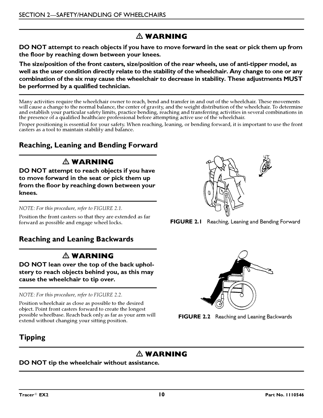 Invacare EX2 warranty Reaching, Leaning and Bending Forward, Reaching and Leaning Backwards 