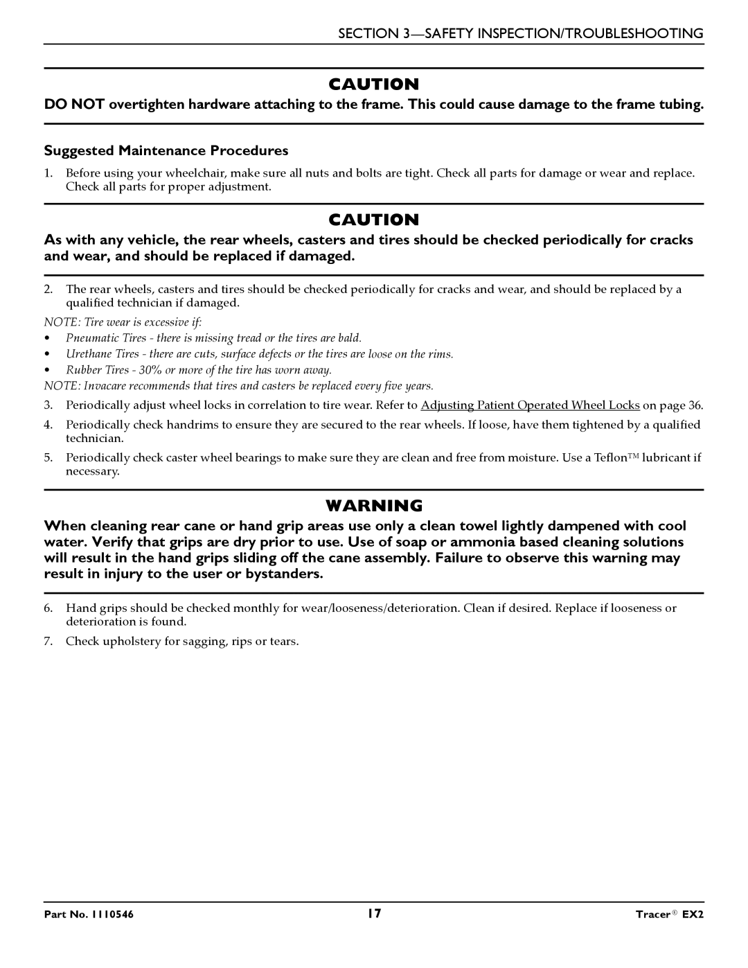 Invacare EX2 warranty Safety INSPECTION/TROUBLESHOOTING 