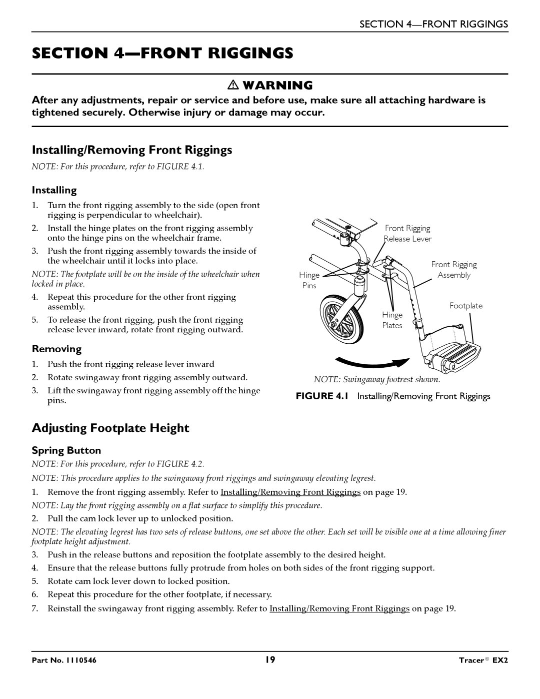 Invacare EX2 warranty Installing/Removing Front Riggings, Adjusting Footplate Height 