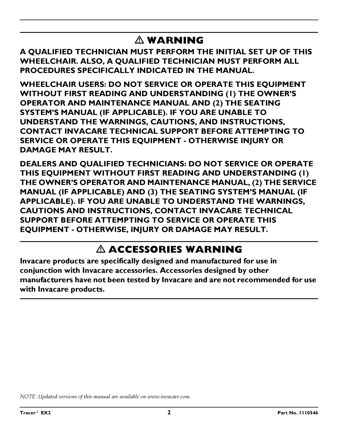 Invacare EX2 warranty Accessories Warning 