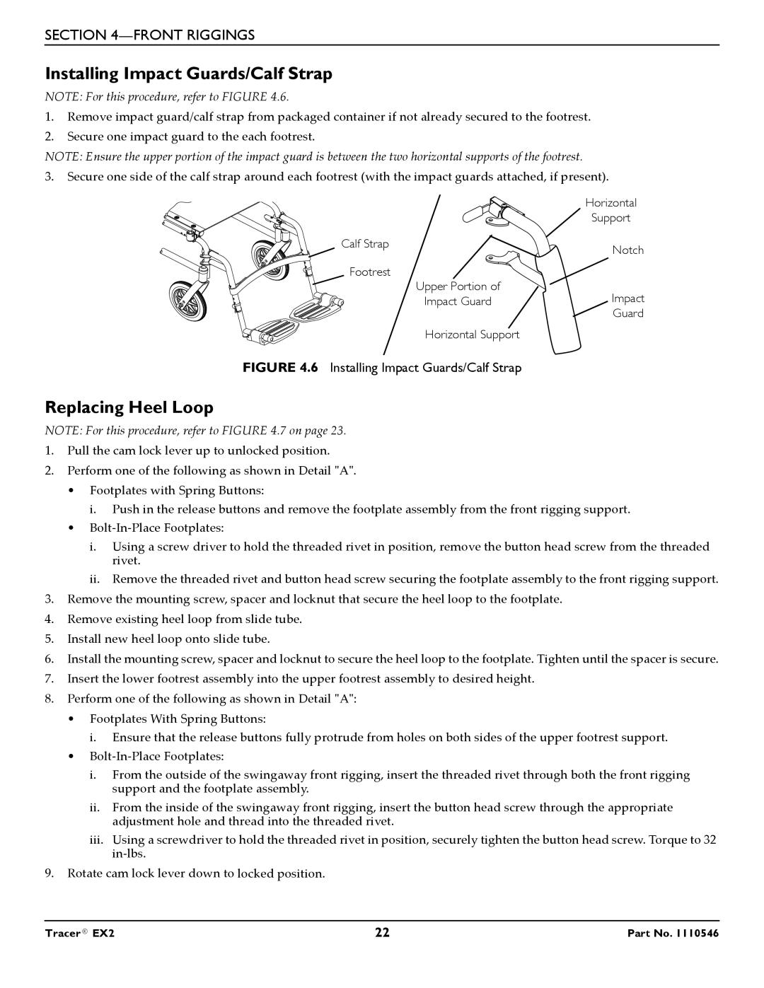 Invacare EX2 warranty Installing Impact Guards/Calf Strap, Replacing Heel Loop 