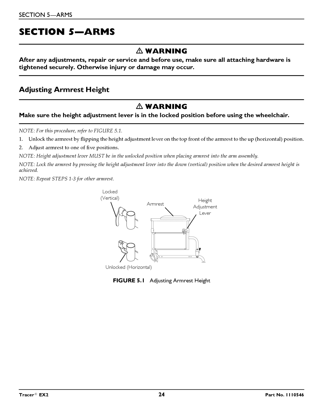 Invacare EX2 warranty Arms, Adjusting Armrest Height 