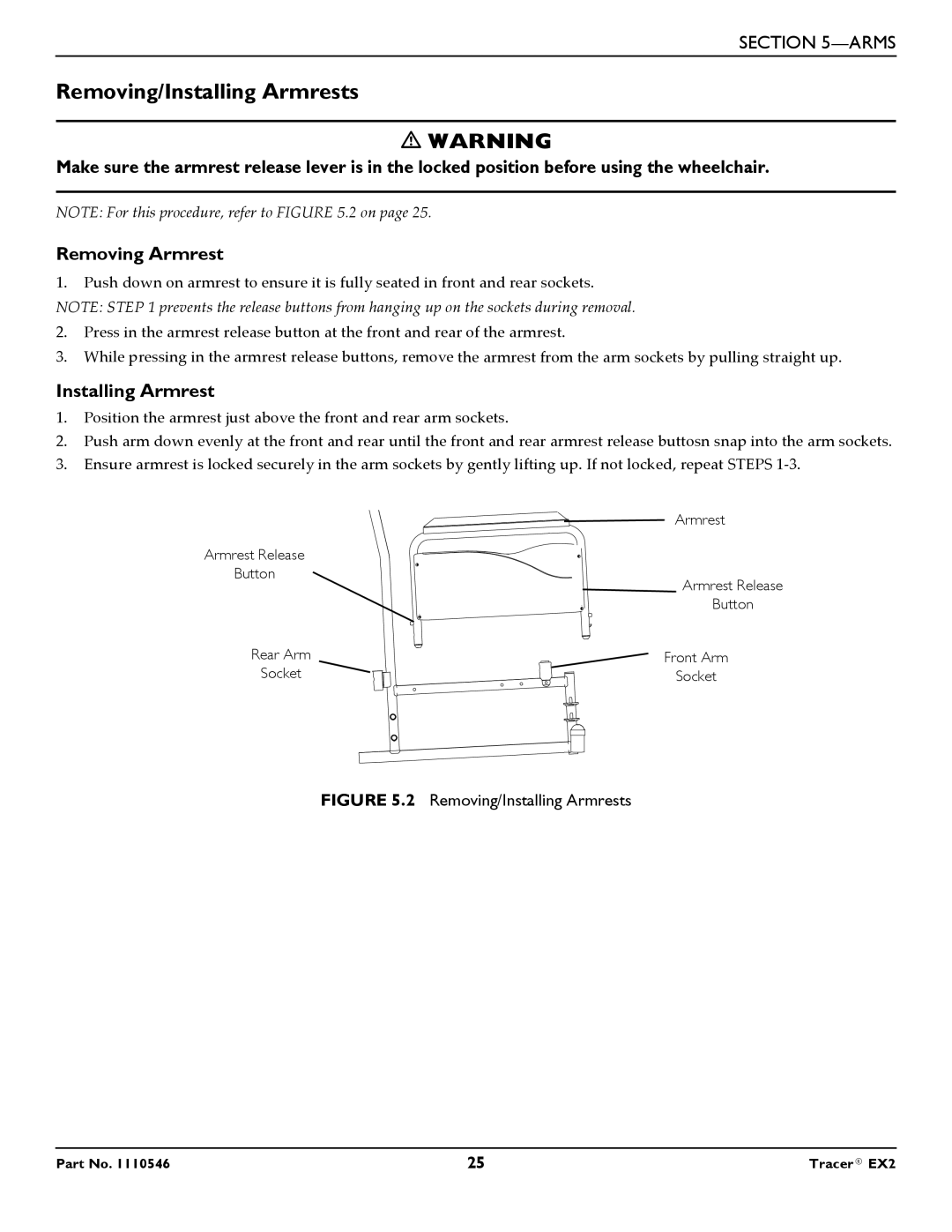 Invacare EX2 warranty Removing/Installing Armrests 