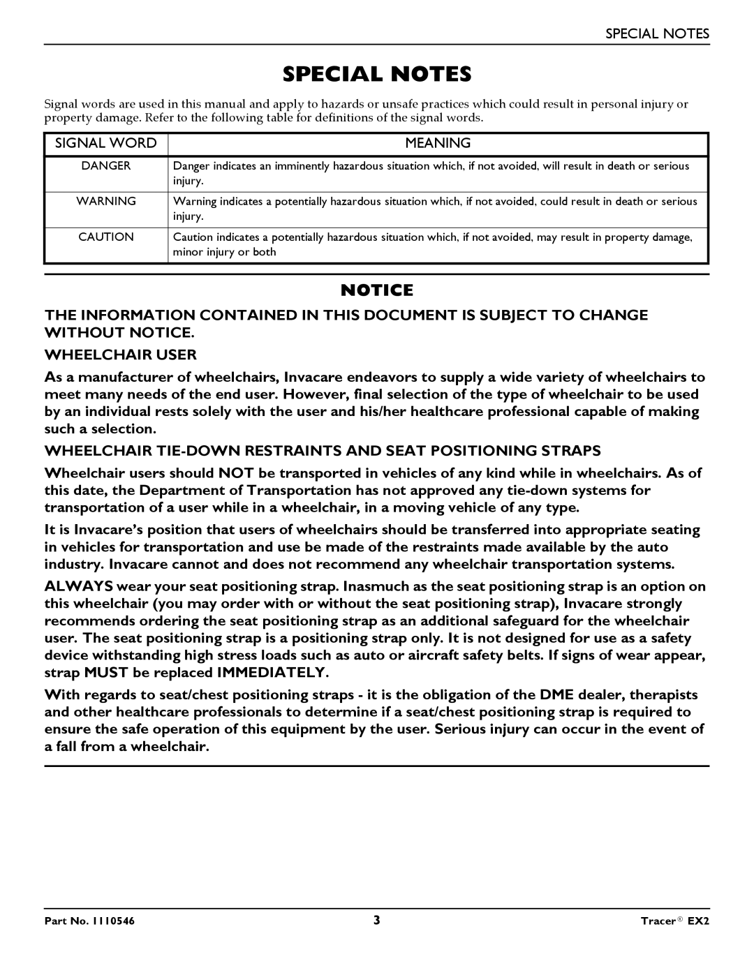Invacare EX2 warranty Special Notes, Wheelchair TIE-DOWN Restraints and Seat Positioning Straps 