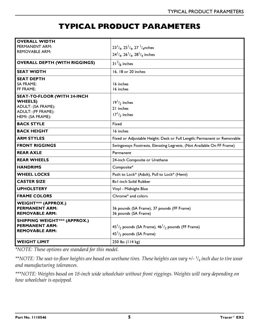 Invacare EX2 warranty Typical Product Parameters 