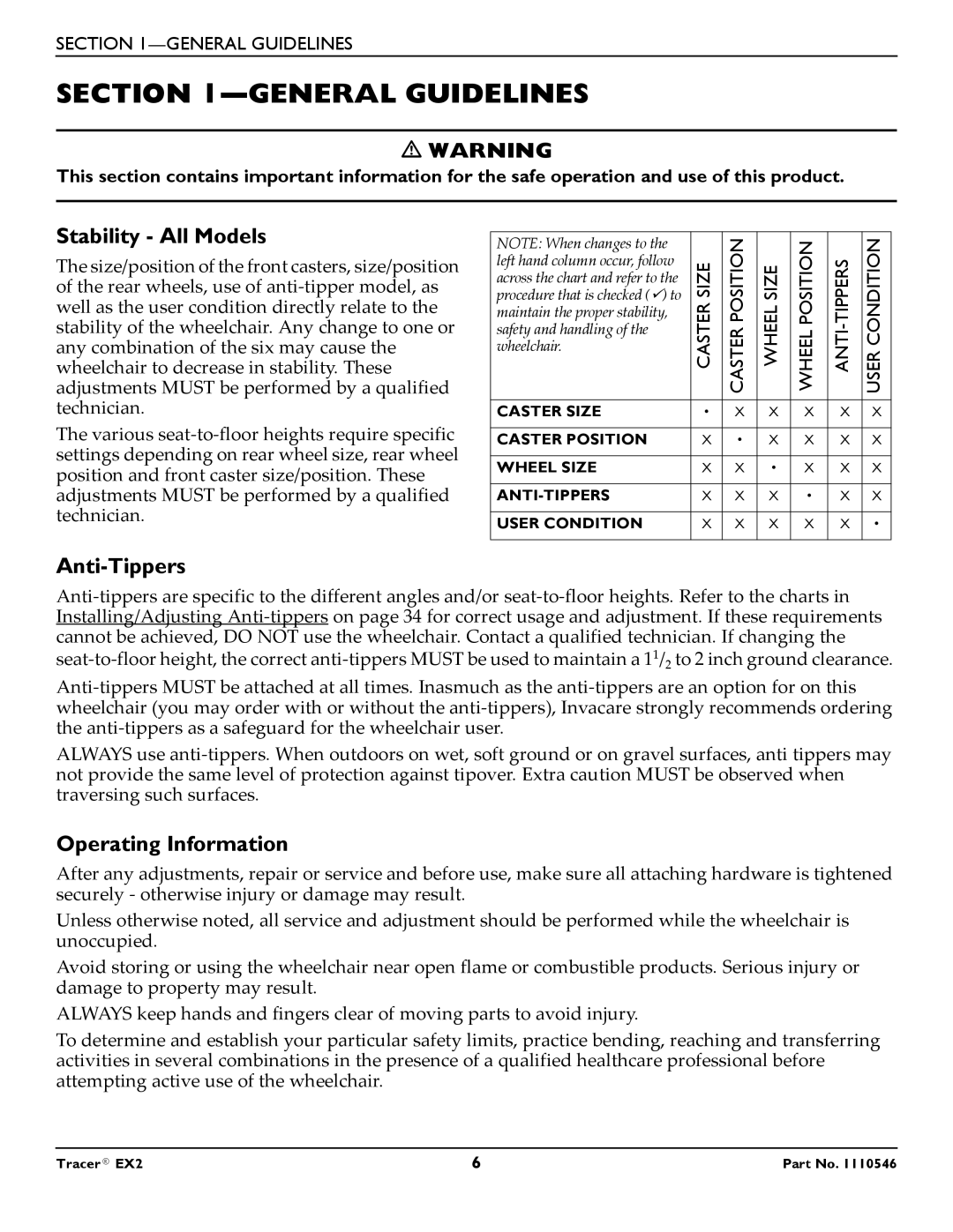 Invacare EX2 warranty General Guidelines, Stability All Models, Anti-Tippers, Operating Information 