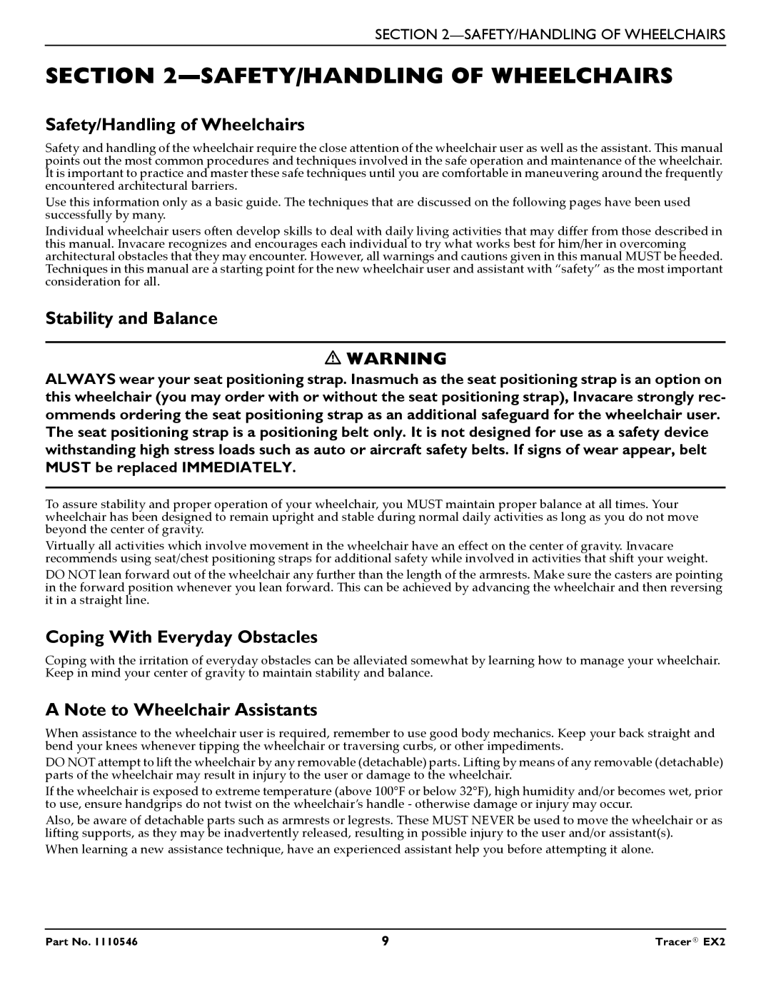 Invacare EX2 warranty SAFETY/HANDLING of Wheelchairs, Safety/Handling of Wheelchairs, Stability and Balance 