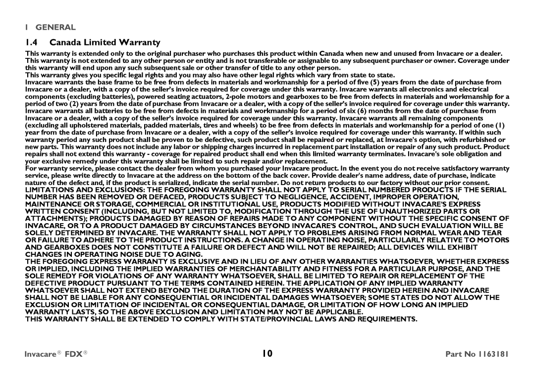 Invacare FDX-CG, FDX-MCG user manual Canada Limited Warranty 