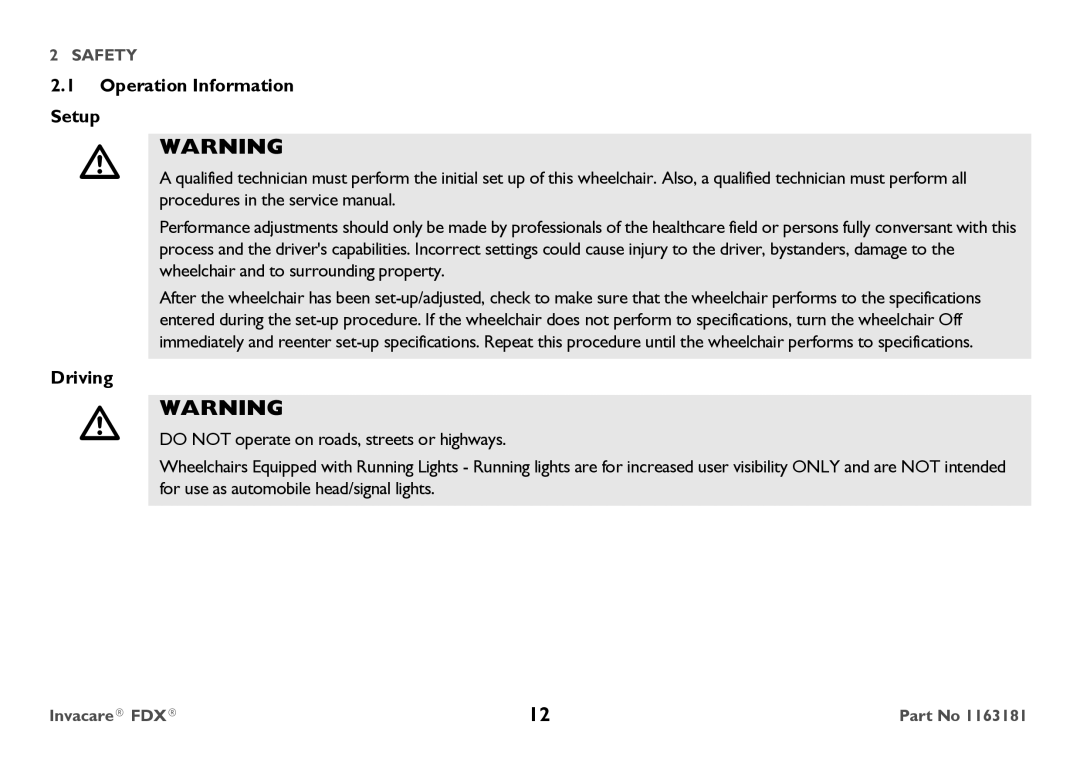 Invacare FDX-CG, FDX-MCG user manual Operation Information Setup, Driving 