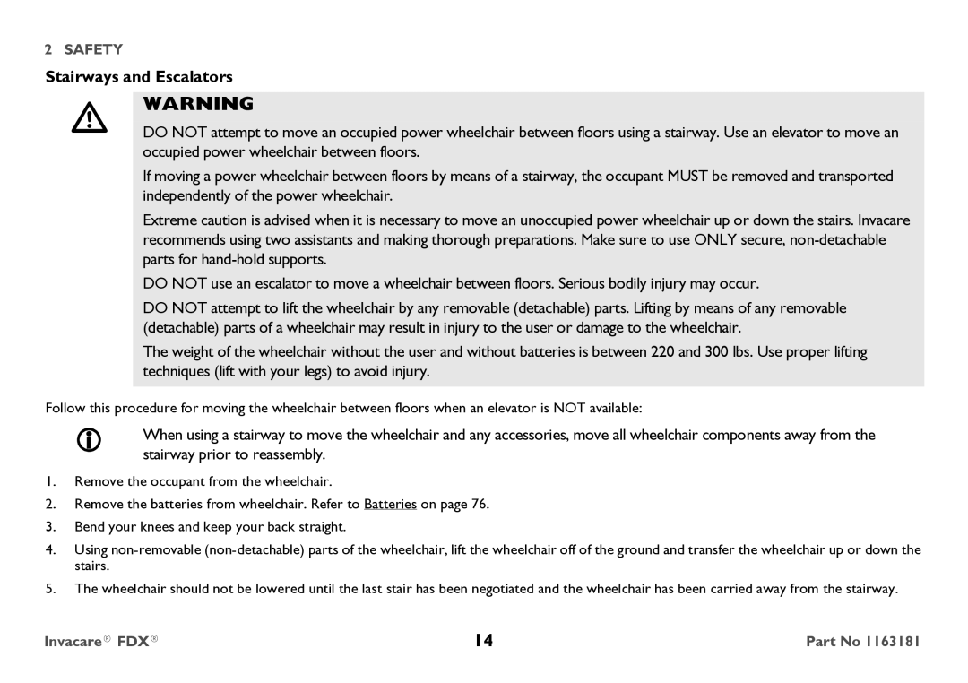 Invacare FDX-MCG, FDX-CG user manual Stairways and Escalators 