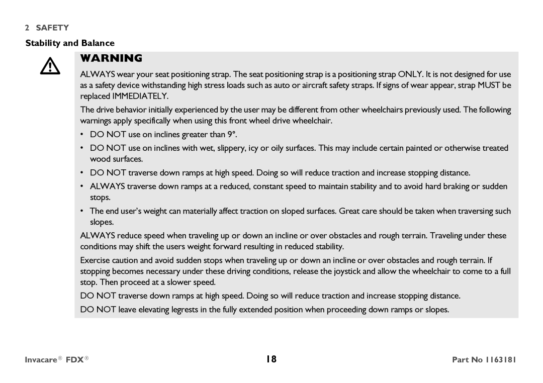 Invacare FDX-CG, FDX-MCG user manual Stability and Balance 