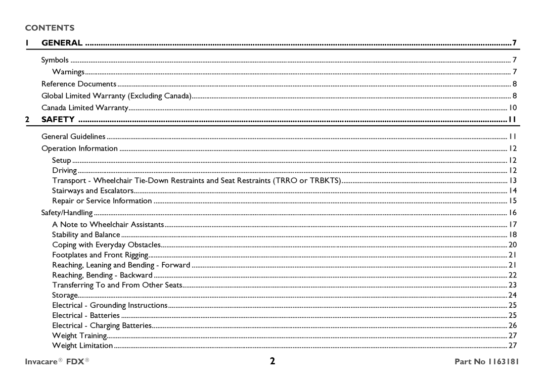 Invacare FDX-MCG, FDX-CG user manual Contents 