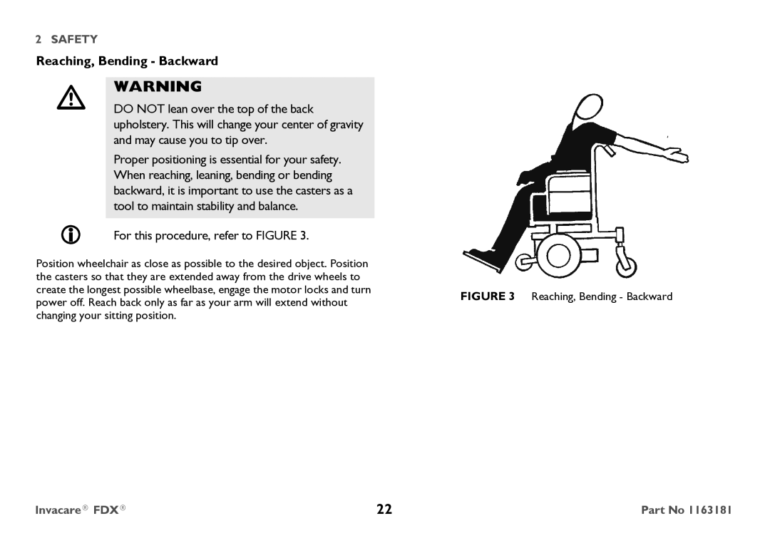 Invacare FDX-CG, FDX-MCG user manual Reaching, Bending Backward 