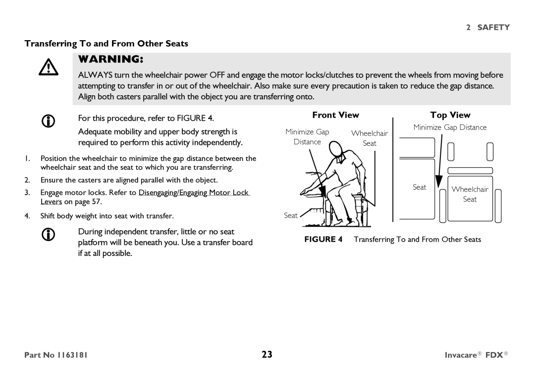 Invacare FDX-MCG, FDX-CG user manual Transferring To and From Other Seats, Front View, Top View 