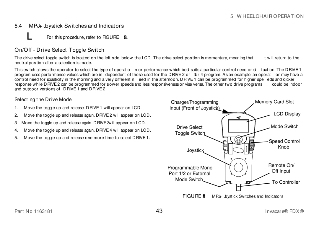 Invacare FDX-CG, FDX-MCG user manual MPJ+ Joystick Switches and Indicators, On/Off Drive Select Toggle Switch 