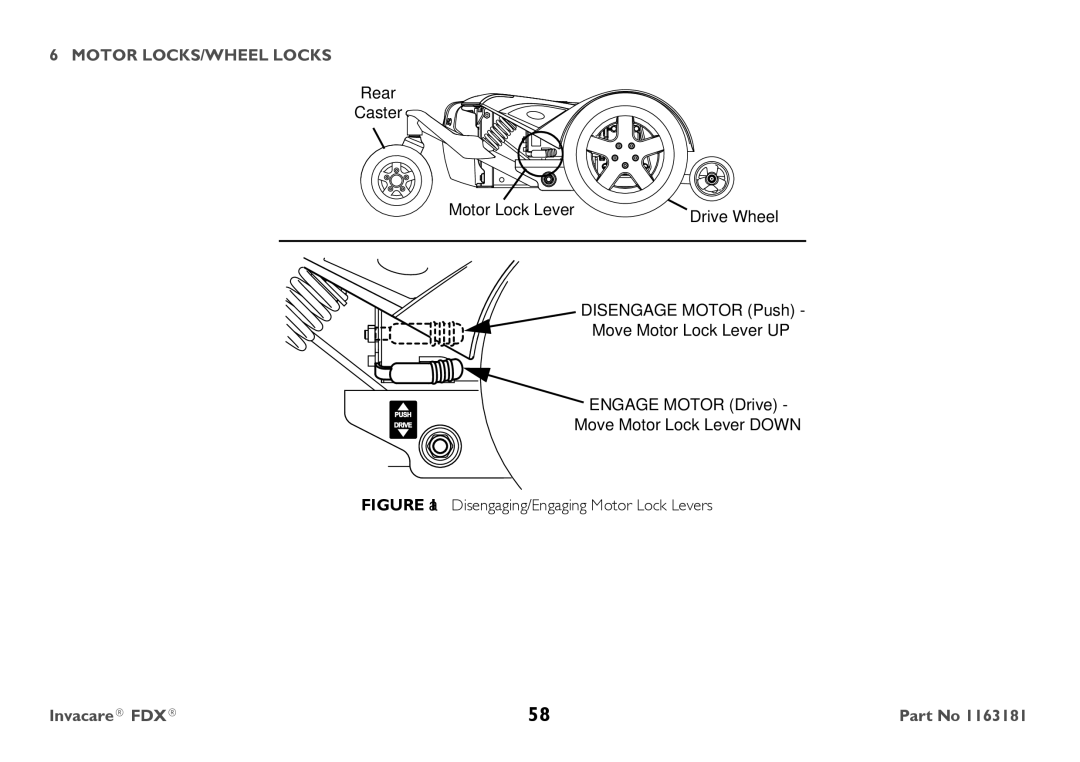 Invacare FDX-CG, FDX-MCG user manual Disengaging/Engaging Motor Lock Levers 