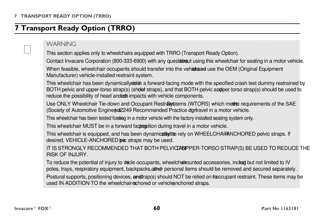 Invacare FDX-CG, FDX-MCG user manual Transport Ready Option Trro 