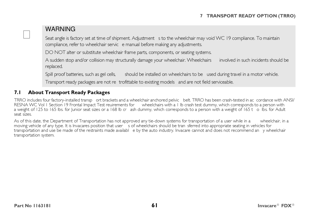 Invacare FDX-CG, FDX-MCG user manual About Transport Ready Packages 