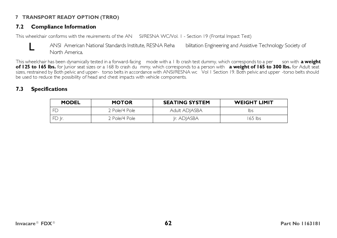 Invacare FDX-MCG, FDX-CG user manual Compliance Information, Specifications 