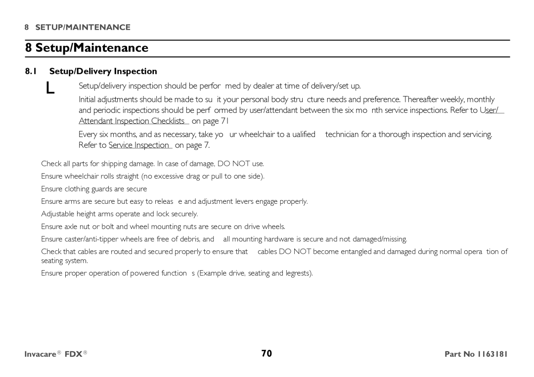 Invacare FDX-CG, FDX-MCG user manual Setup/Maintenance, Setup/Delivery Inspection 