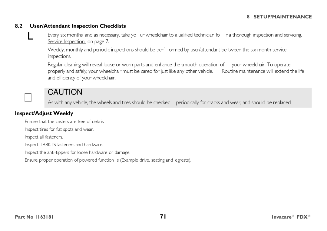 Invacare FDX-MCG, FDX-CG user manual User/Attendant Inspection Checklists, Inspect/Adjust Weekly 