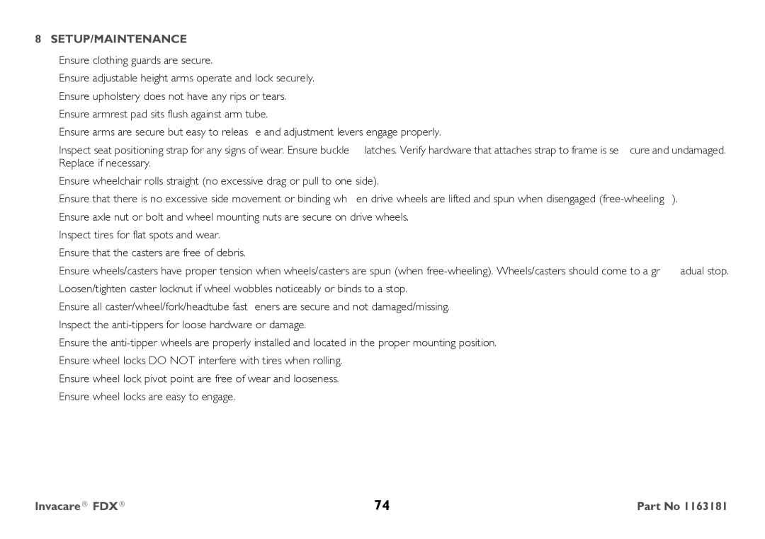 Invacare FDX-MCG, FDX-CG user manual Setup/Maintenance 