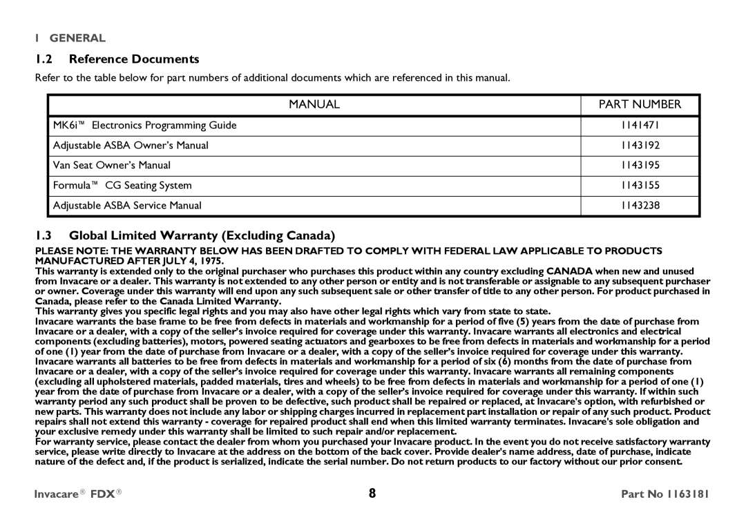 Invacare FDX-MCG, FDX-CG user manual Reference Documents, Global Limited Warranty Excluding Canada 