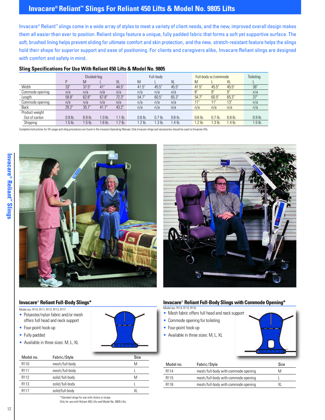 Invacare Fitness Equipment manual Invacare Reliant Slings, Invacare ReliantFull-Body Slings 