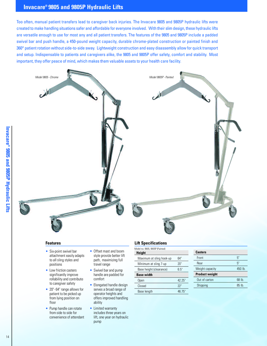 Invacare Fitness Equipment manual Invacare 9805 and 9805P Hydraulic Lifts, Features Lift Specifications 