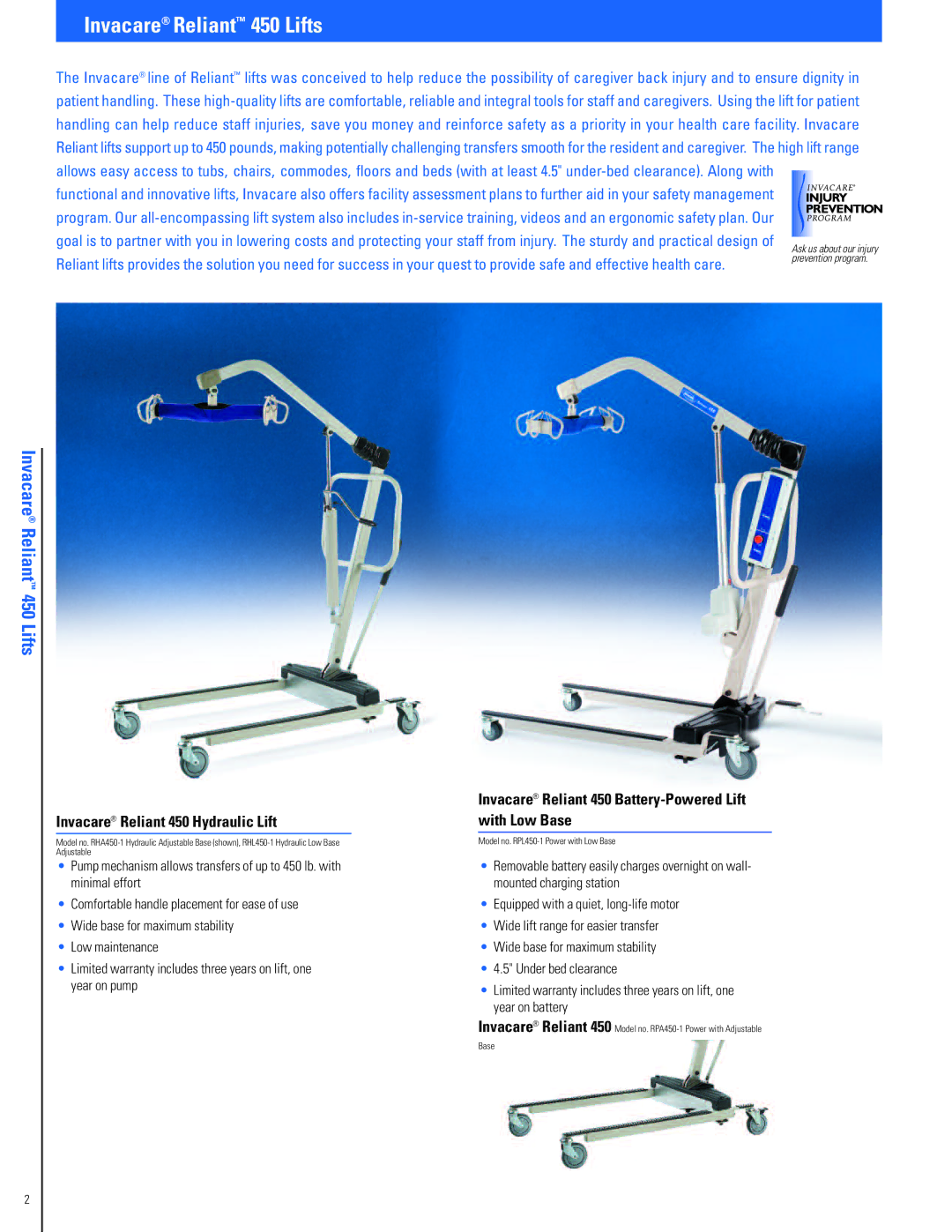 Invacare Fitness Equipment manual Invacare Reliant 450 Lifts, Invacare Reliant 450 Hydraulic Lift 