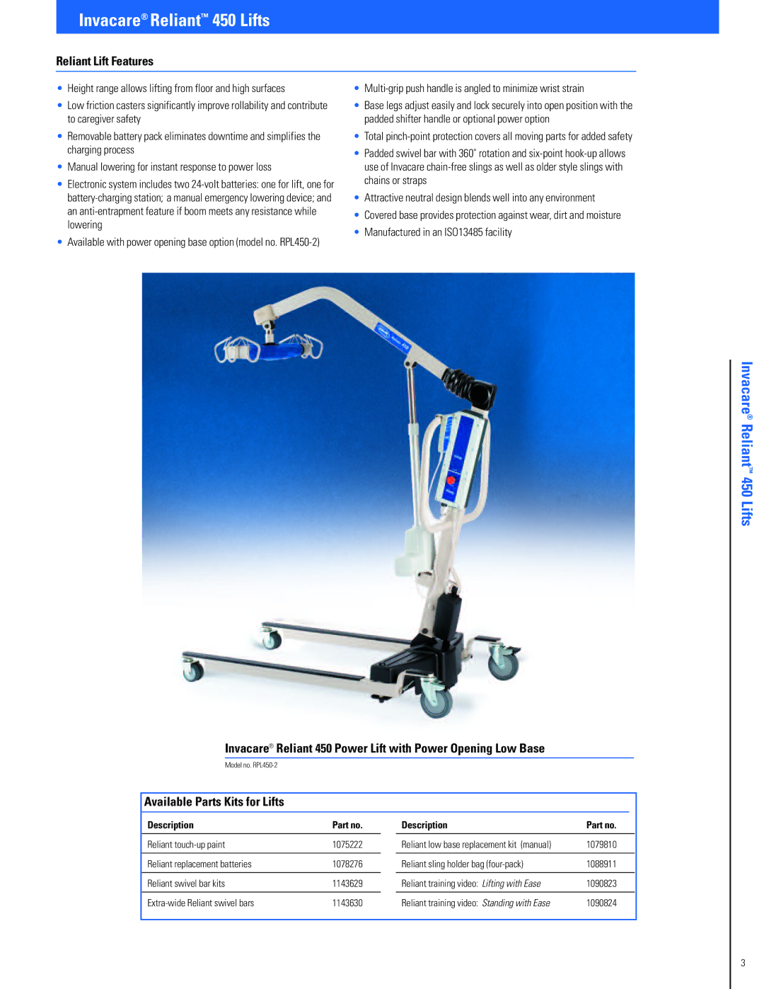 Invacare Fitness Equipment manual Reliant Lift Features, Invacare Reliant 450 Power Lift with Power Opening Low Base 