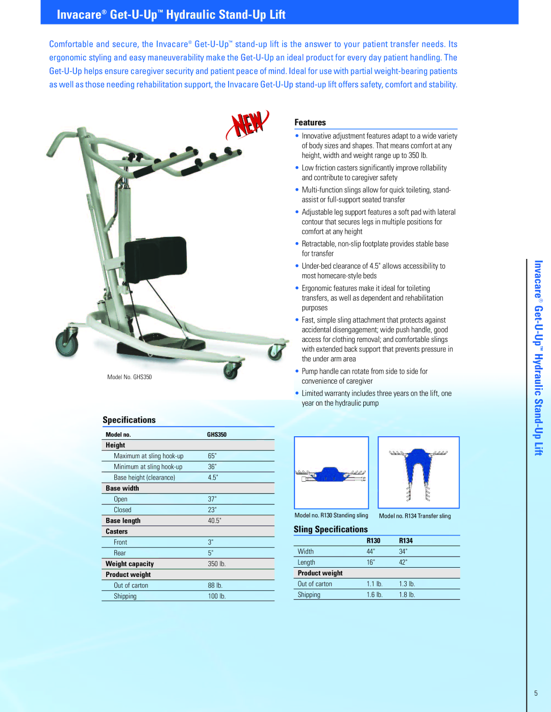 Invacare Fitness Equipment manual Invacare Get-U-UpHydraulic Stand-Up Lift, Features, Sling Specifications 