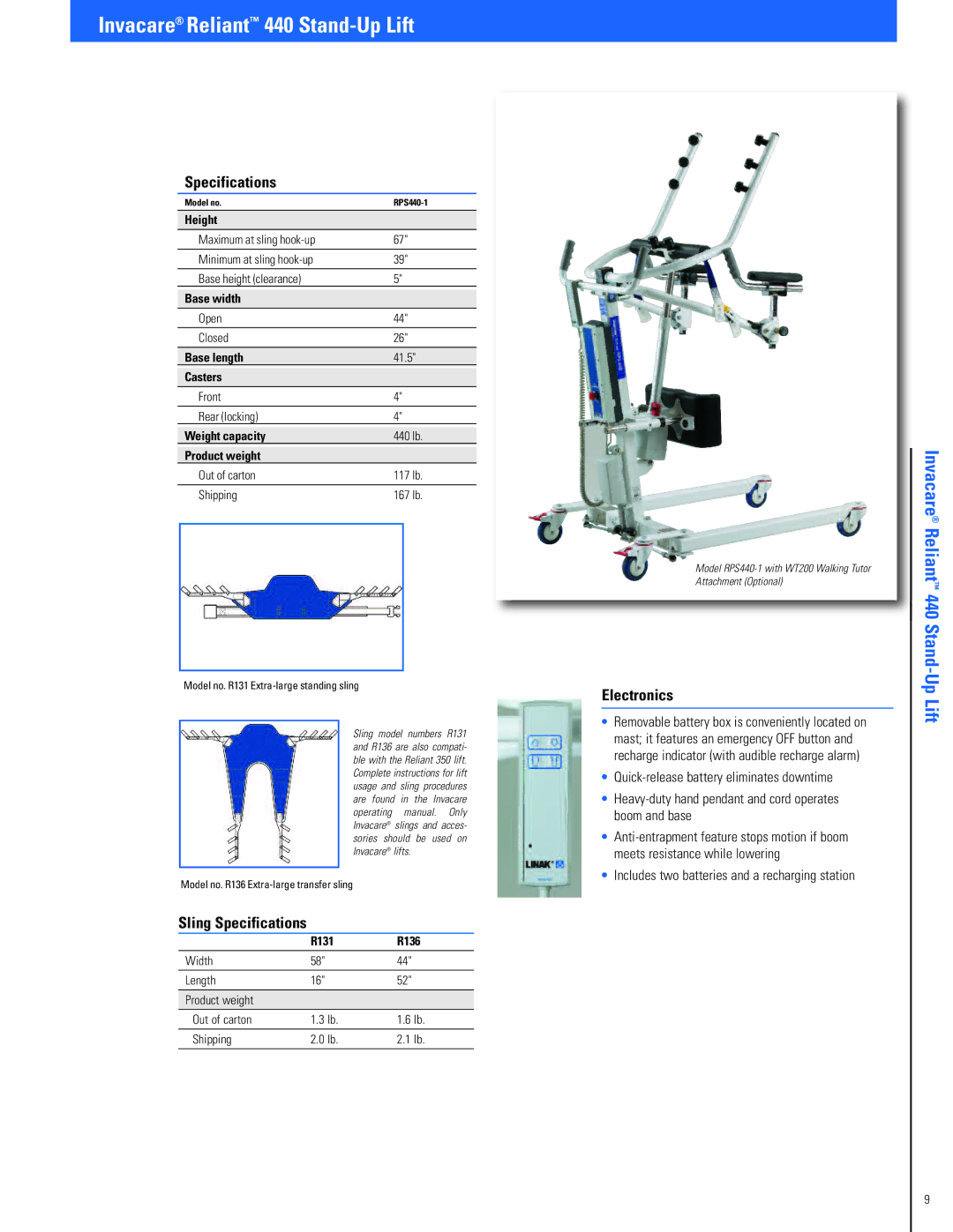 Invacare Fitness Equipment manual Invacare Reliant 440 Stand-Up Lift, 41.5, 440 lb, Out of carton 117 lb Shipping 167 lb 