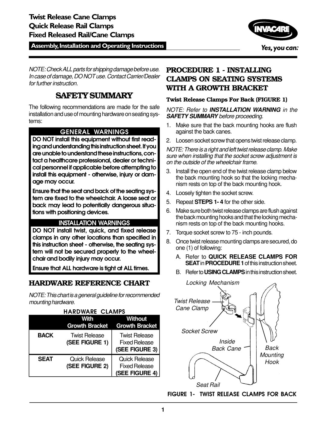 Invacare Fixed Released Rail/Cane Clamps operating instructions Hardware Reference Chart 