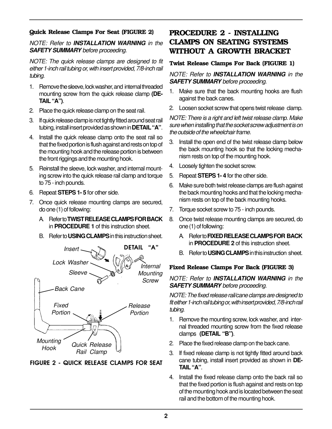 Invacare Fixed Released Rail/Cane Clamps operating instructions Quick Release Clamps For Seat Figure, Insert, Detail a 